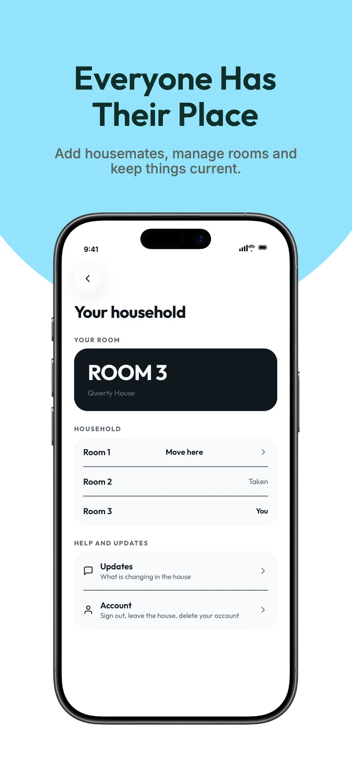 The household screen showing which rooms are taken, which are free, and which is yours