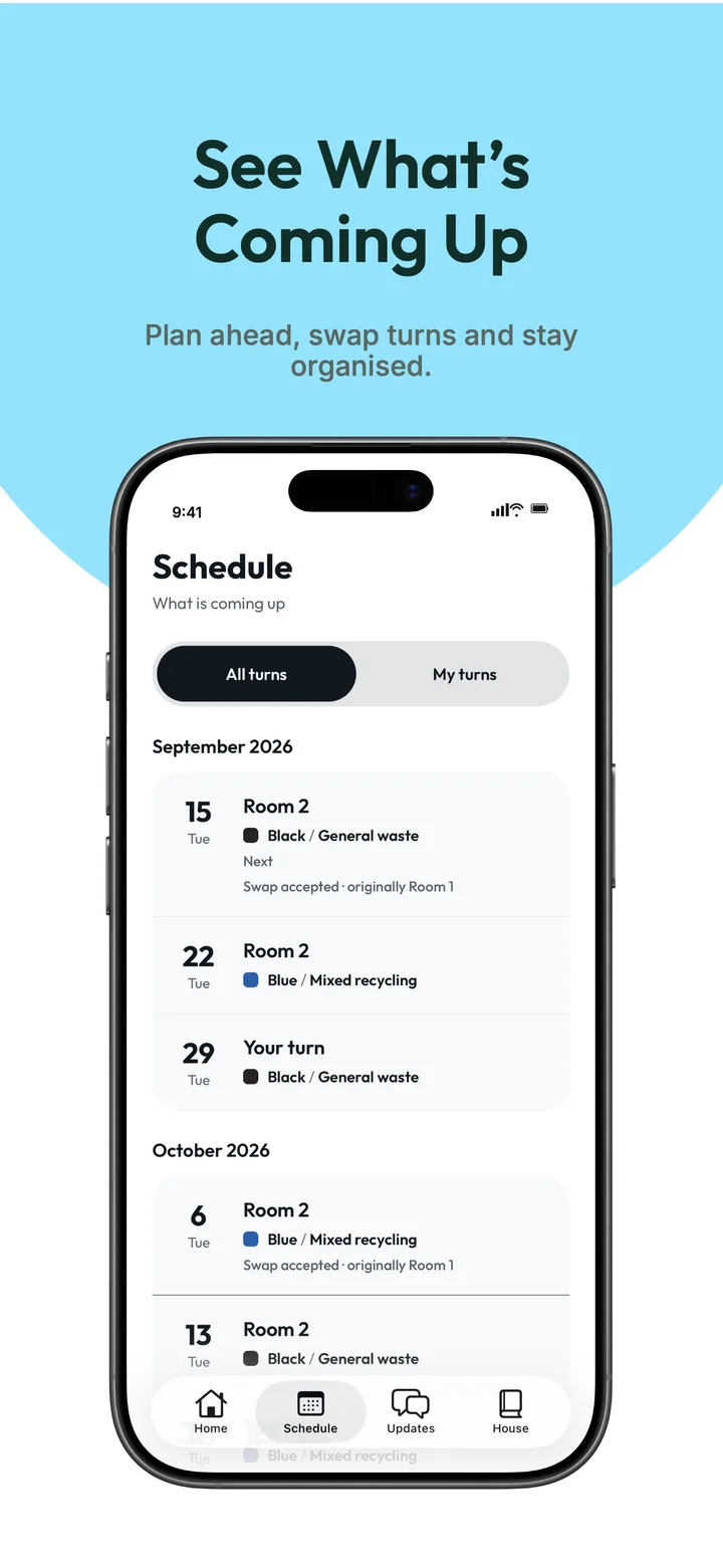 The schedule screen listing upcoming bin turns by date, with one marked as a swap